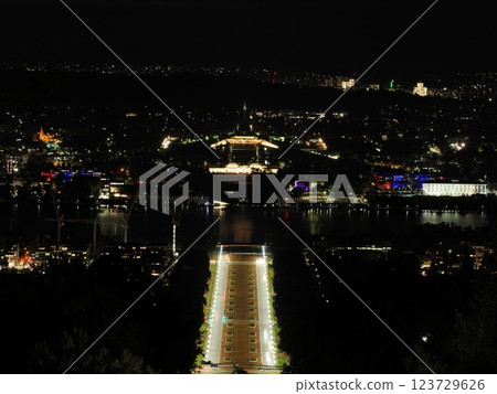 Night view of the Australian Parliament from Mount Ainslie Lookout, Canberra 123729626