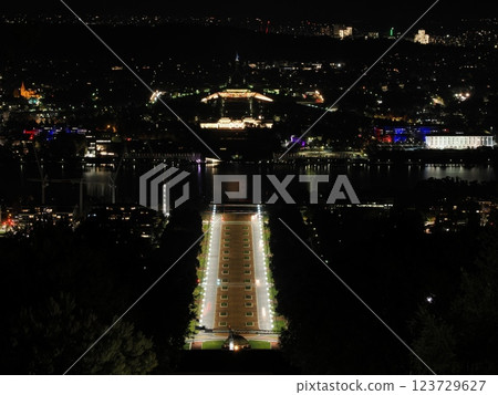 Night view of the Australian Parliament from Mount Ainslie Lookout, Canberra 123729627