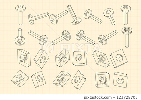 Mechanical engineering drawings on sepia background. Cutter, assembly tool with replaceable multi-faceted plate. Technical Design. Cover. Blueprint. Vector illustration. 123729703