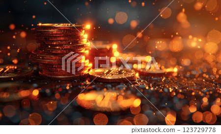 Gold coins Bitcoin on the digital stock market background, a business concept banner with blurred dark bokeh lights 123729778