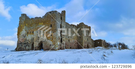 Winter landscape with castle ruins 123729896