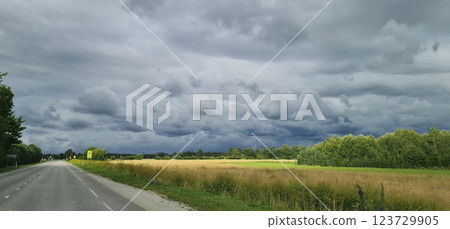 Dark rainy clouds and road landscape 123729905