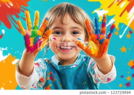 Happy child showing painted hands and smiling over colorful background 123729994