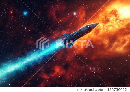 Retro rocket ship flying through deep space nebula galaxy 123730012