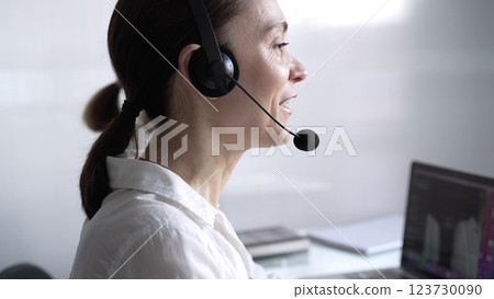 Adult female call center operator in assisting clients online, providing customer support and answering inquiries. Business call center concept Adult female call center operator in assisting clients online, providing customer support and answering inquiries. Business call center concept 123730090
