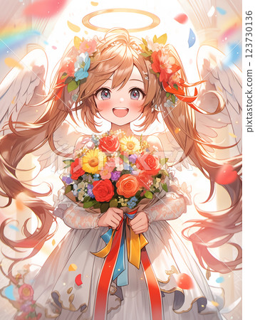 一個拿著花束的雙馬尾可愛天使女孩 一個拿著花束的雙馬尾可愛天使女孩 123730136