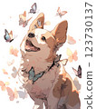 Illustration of a Corgi playing with butterflies 123730137