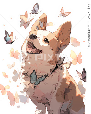 柯基犬與蝴蝶玩耍的插圖 柯基犬與蝴蝶玩耍的插圖 123730137