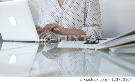 Businesswoman typing on laptop keyboard, preparing taxes and audit reports, with documents and eyeglasses on glass desk. Taxes, audit in business Businesswoman typing on laptop keyboard, preparing taxes and audit reports, with documents and eyeglasses on glass desk. Taxes, audit in business 123730164