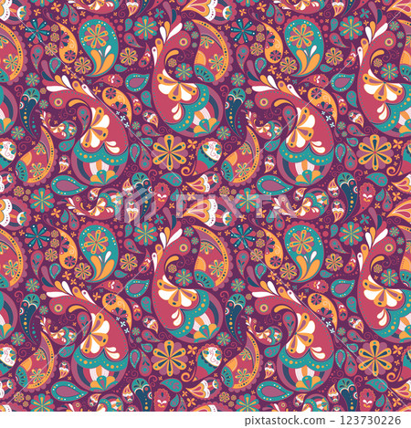 Paisley, ornament, botekh, buta, symbol of fertility and life, seamless pattern, illustration, vector 123730226