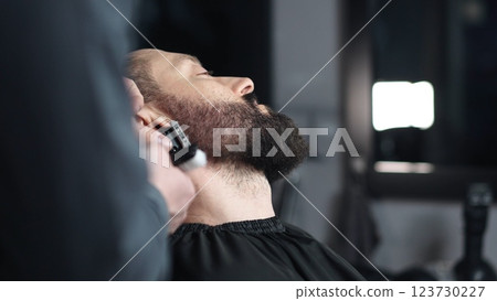 Professional barber trimming client's beard with electric razor, delivering precise styling within contemporary grooming salon setting Professional barber trimming client's beard with electric razor, delivering precise styling within contemporary grooming salon setting 123730227