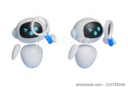 AI robot character 3D graphics viewed through a magnifying glass AI robot character 3D graphics viewed through a magnifying glass 123730309