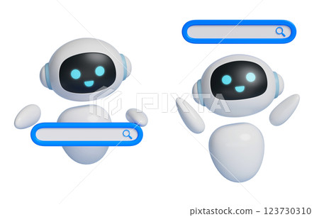 AI robot character 3D graphics that pops up a search bar 123730310
