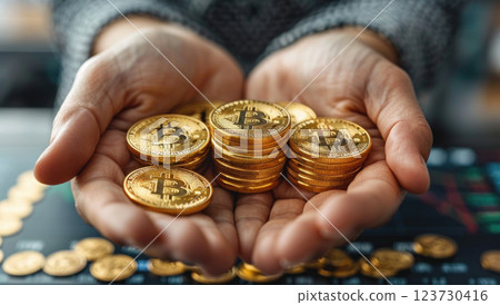 Close-up of hands holding gold coins with stock market charts in the background, showcasing Bitcoin and other digital currency symbols 123730416