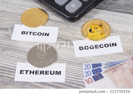 Cryptocurrency coins, euro and calculator. International network payment. Finance concept 123730539