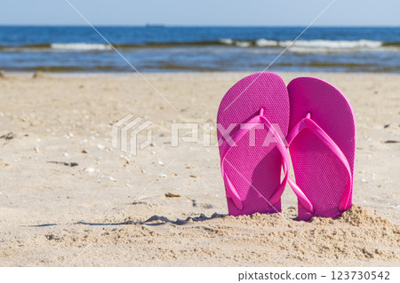 Accessories for relax on beach. Flip flop. Summertime Accessories for relax on beach. Flip flop. Summertime 123730542
