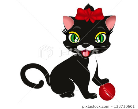 Cartoon black cat playing with a ball. 123730601