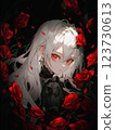 A beautiful silver-haired girl surrounded by red roses 123730613