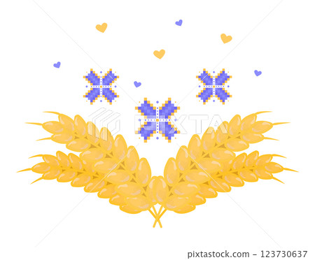 Ears of wheat, embroidery flowers and hearts, vector Ukrainian print in yellow and blue colors Ears of wheat, embroidery flowers and hearts, vector Ukrainian print in yellow and blue colors 123730637