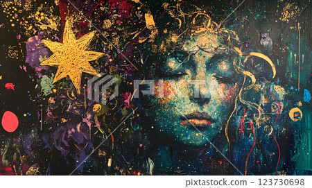幻想女性臉孔和閃亮的星星 123730698