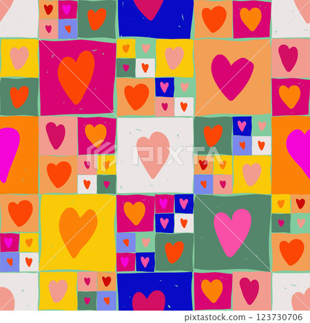 Seamless vector checkered pattern tile background. Hand drawn checkerboard with colorful hearts. Valentines day colored checkers. Good for textile print Seamless vector checkered pattern tile background. Hand drawn checkerboard with colorful hearts. Valentines day colored checkers. Good for textile print 123730706