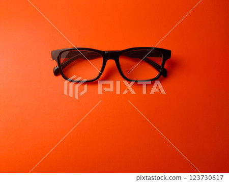 Black glasses on a orange background with copy space. 123730817