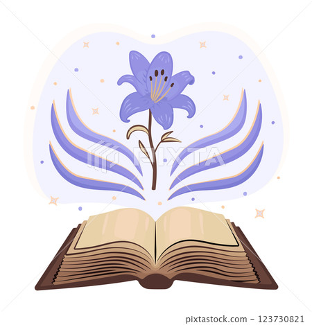 Old magical open book with a flower and sparks, shining notebook with blank pages and exquisite blue lily, vintage empty paper, dark academy literature, back to school vector color illustration 123730821
