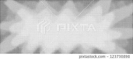 Halftone background in the shape of rays, star. Big and small black dots, horizontal monochrome abstract poster, shine and explosion pop art vector pattern, gradient and grunge retro effect 123730898
