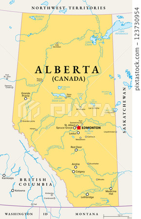Alberta, province of Canada, political map with boundaries, cities, rivers and lakes. Part of Western Canada and one of the prairie provinces, with capital Edmonton and largest city Calgary. Vector 123730954