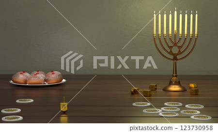 Jewish holiday Hanukkah. Hanukkah menorah, sufganiyot, doughnuts and dreidels. Place for text. 123730958