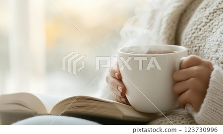 Mindful moment with a warm cup of tea, soft light, and a cozy blanket, creating a feel-good atmosphere of comfort and calm 123730996