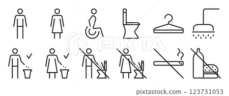 Toilet black line icon set, WC outline sign collection. Restrooms for men and women, vector editable stroke pictograms, do not throw trash in toilet bowl and other prohibitory signs Toilet black line icon set, WC outline sign collection. Restrooms for men and women, vector editable stroke pictograms, do not throw trash in toilet bowl and other prohibitory signs 123731053