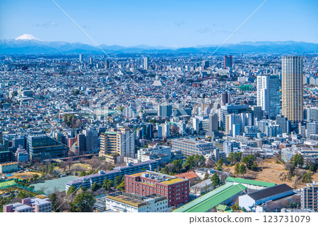 Tokyo cityscape in Japan, with views of Nakameguro Atlas Tower, Carrot Tower in front of Sangenjaya Station, Mt. Fuji, etc. Tokyo cityscape in Japan, with views of Nakameguro Atlas Tower, Carrot Tower in front of Sangenjaya Station, Mt. Fuji, etc. 123731079