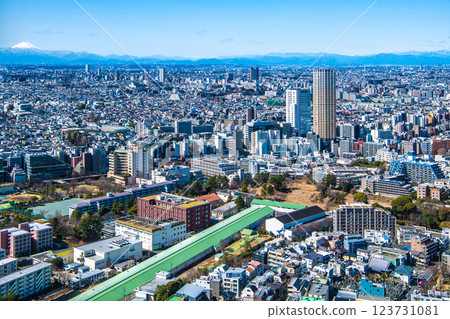 Tokyo cityscape in Japan, with views of Nakameguro Atlas Tower, Carrot Tower in front of Sangenjaya Station, Mt. Fuji, etc. 123731081