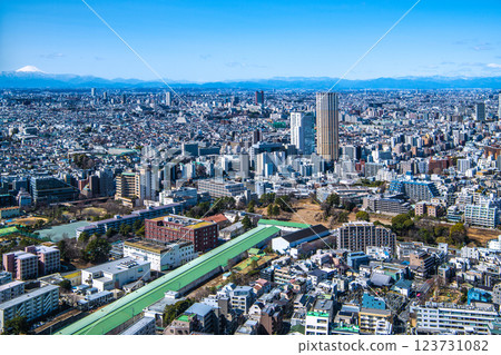 Tokyo cityscape in Japan, with views of Nakameguro Atlas Tower, Carrot Tower in front of Sangenjaya Station, Mt. Fuji, etc. Tokyo cityscape in Japan, with views of Nakameguro Atlas Tower, Carrot Tower in front of Sangenjaya Station, Mt. Fuji, etc. 123731082