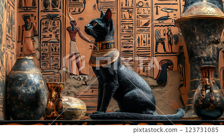A seated cat god with hieroglyphs in the background 123731085