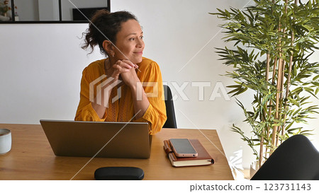 Entrepreneurial Woman Enjoying Remote Work in a Comfortable Home Office Environment 123731143