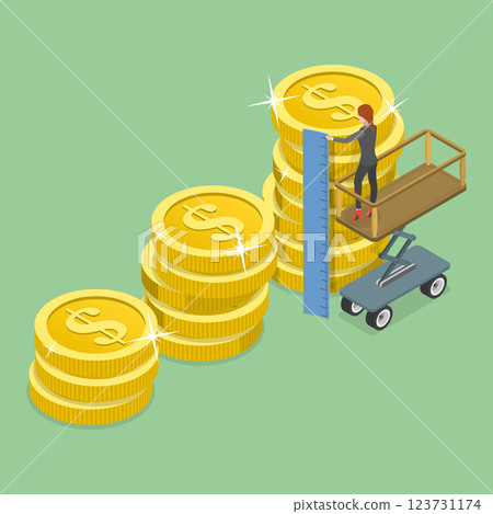 3D Isometric Flat Vector Illustration of Evaluation of Financial Data, ROI Benchmark And Financial Goal For Investors 123731174