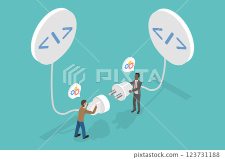 3D Isometric Flat Vector Illustration of Application Programming Interface , Programmer Establishes Connection Between Coding Programs 123731188