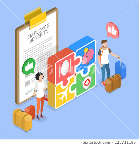 3D Isometric Flat Vector Illustration of Employee Benefits Package, Implementing Essential Workplace Perks For Employees 3D Isometric Flat Vector Illustration of Employee Benefits Package, Implementing Essential Workplace Perks For Employees 123731196