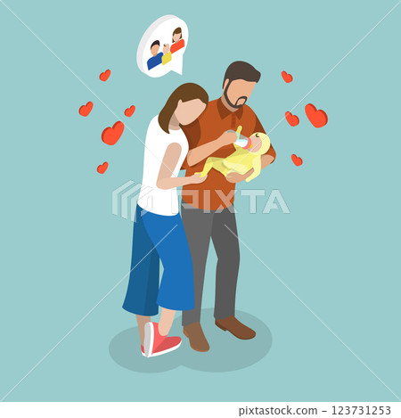 3D Isometric Flat Vector Illustration of Happy Young Parents, Newborn Baby 3D Isometric Flat Vector Illustration of Happy Young Parents, Newborn Baby 123731253