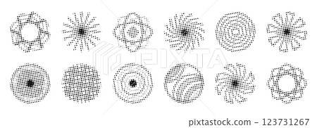 Black dotted halftone circle set, trendy vintage round shapes, vector retro radial forms, grunge effect monochrome gradients, modern abstract backgrounds 123731267