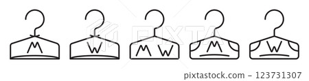 Clothes hanger symbols, changing room signs, black editable stroke icon set, simple vector monochrome pictograms for a locker, cloakroom and wardrobe, outline illustrations 123731307