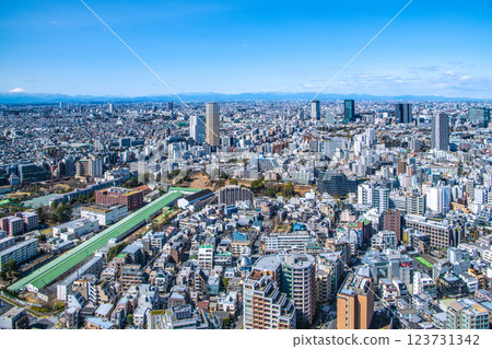 Tokyo cityscape in Japan, with views of Nakameguro Atlas Tower, Carrot Tower in front of Sangenjaya Station, Mt. Fuji, etc. 123731342