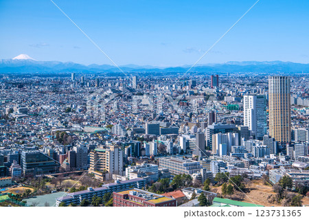 Tokyo cityscape in Japan, with views of Nakameguro Atlas Tower, Carrot Tower in front of Sangenjaya Station, Mt. Fuji, etc. 123731365