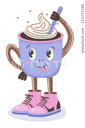 Groovy coffee cup character, color vector doodle, trendy playful cartoon little man in big shoes. Illustration for the National Coffee Day Groovy coffee cup character, color vector doodle, trendy playful cartoon little man in big shoes. Illustration for the National Coffee Day 123731398