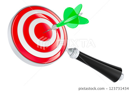 Magnifying glass with target with arrow in bullseye. 3D rendering Magnifying glass with target with arrow in bullseye. 3D rendering 123731434