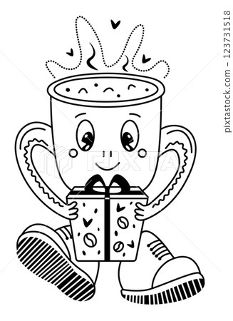 Groovy coffee cup character with a gift, black line vector doodle, trendy monochrome whimsical cartoon of a little man in big shoes, editable stroke illustration Groovy coffee cup character with a gift, black line vector doodle, trendy monochrome whimsical cartoon of a little man in big shoes, editable stroke illustration 123731518