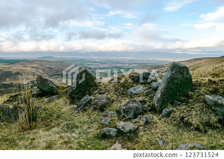 Open landscape. Rocks form a small cluster on a hill. Extensive flat valley stretches to the horizon. Open landscape. Rocks form a small cluster on a hill. Extensive flat valley stretches to the horizon. 123731524