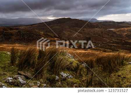 Expansive view of rolling hills and rocky terrain showcasing vibrant greens mixed with earthy tones. Dark clouds loom over the landscape, hinting at changing weather. Expansive view of rolling hills and rocky terrain showcasing vibrant greens mixed with earthy tones. Dark clouds loom over the landscape, hinting at changing weather. 123731527